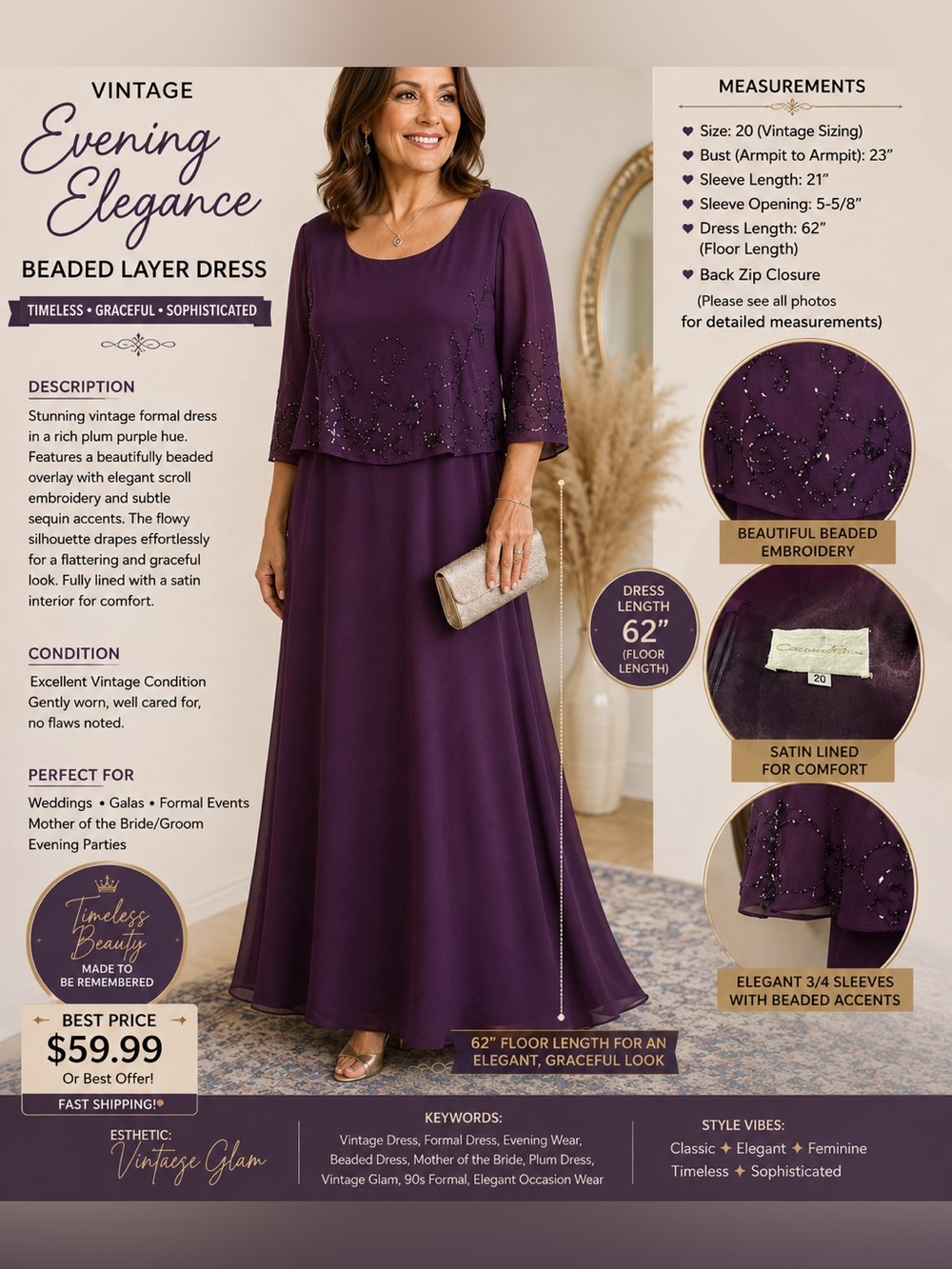 Women's Beaded Plum Long Sleeve Overlay Dress